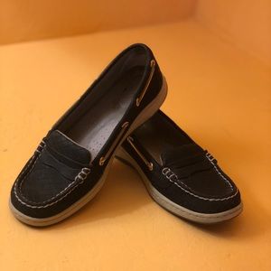 Sperry Top Sider black with gold accents, size 7M